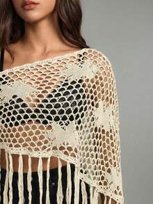 ROMWE Áo khoác ngoài nữ phong cách retro, hippie, móc len đính cườm, tua rua, thích hợp cho lễ hội âm nhạc. - Màu be - Xem 6