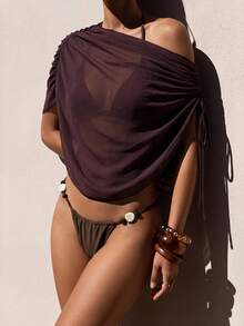 Zivah 2026 Women's Vacation Casual Beach Sheer Chiffon Side Drawstring Ruched Cover Up Coverup - Brown - View 3
