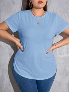 SHEIN Essnce Kaos Kasual Musim Panas Ukuran Besar Warna Polos dengan Hem Melengkung - Baby Blue - View 1