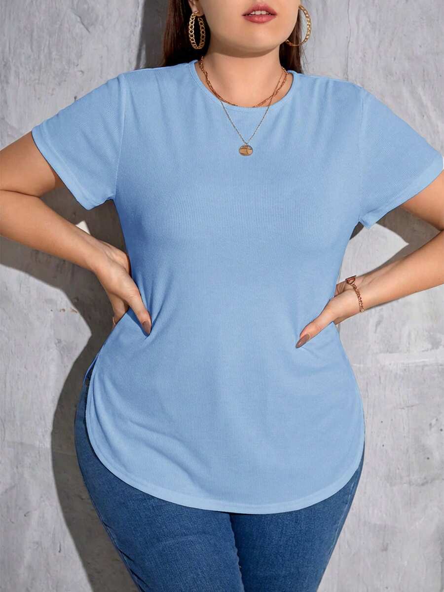 SHEIN Essnce Kaos Kasual Musim Panas Ukuran Besar Warna Polos dengan Hem Melengkung - Baby Blue - View 1