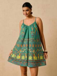 Travachic 大码印花无袖连体裤，深V领露背系带腰身彩色复古图案度假短裤，女士新款 - 綠色 - 查看 5