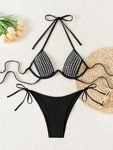 Swim SXY Bộ bikini nữ gợi cảm khoét lỗ đính đá, màu đen, bộ đồ bơi 2 mảnh dành cho nữ. - màu đen - Xem 3