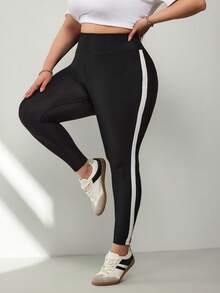 SHEIN CURVE+ 大码女式撞色休闲打底裤，黑白条纹打底裤，大码运动打底裤，大码打底裤，大码瑜伽裤，大码运动服，大码打底裤，大码女式运动套装 - 黑與白 - 查看 6