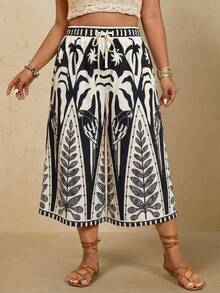 Travachic Plus Size Women's Tropical Plant Print Drawstring Waist Loose Wide Leg Capri Pants, Suitable For Spring, Summer, Autumn Beach/Holiday - Black - View 5