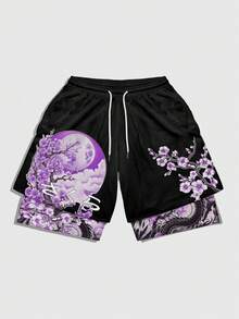 ROMWE MEN Anime Quần short nam hai lớp, cạp chun, in hình rồng Trung Quốc, kiểu dáng thường ngày. - Nhiều màu - Xem 3