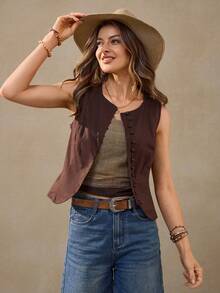 Wildy BOHO Casual Vacation French Retro Coffee Color Cotton Cardigan Cotton Brown Tops Office For Women Western Wear Women Brown Top Brown Tops Business Casual Woman Casual Tops Frenchy Tank Tops Western - Coffee Brown - View 4