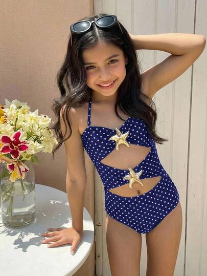 SHEIN Tween Girls' Summer Beach Vacation Navy Blue Polka Dot Print Halter Metal Starfish Decor One-Piece Swimsuit