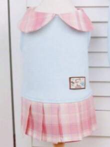PETSIN Conjunto de ropa de pareja de mascota con estilo preppy a cuadros rosa y azul, conjunto de collar, falda plisada y chaleco con bolsillo para gatos y perros, para usar en primavera/verano - Multicolor - Ver 13