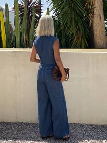 DAZY Bộ áo liền quần denim không tay dáng rộng dành cho nữ, kiểu dáng thường ngày, chất liệu denim đã qua xử lý. - Màu xanh lam - Xem 4