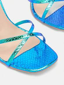 Glitzique Women's Fashion High Heel Shoes, Leather Anti-Explosion Flat Strap Sandals, Minimalist Square Toe Sandals, Black Lacquer Heel Sandals, Thin Heel High Heel Sandals, Summer Outdoor Regular Sandals, Women Black Sandals,Stiletto Heels - Blue - View 8