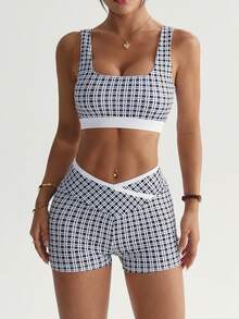 SHEIN Sports 2pcs Women's Black And White Checkered Sports Set,Summer Sexy Gym Plaid Print Adjustable Strap Hollow Back Bra And Contrast Waistband Shorts Outfit - Multicolor - View 5