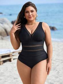 Swim Lushoire Plus Size Women's Solid One-Piece Swimsuit With Hollow Front, Waist Gathering, Suitable For Summer Beach Vacation - Black - View 4