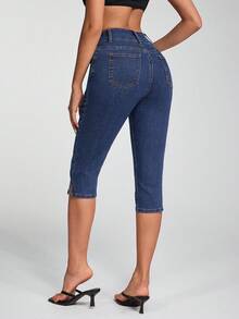 Jeanoix Petite Y2K 女式腰部纽扣设计口袋修身七分牛仔裤 - 深色水洗藍 - 查看 2