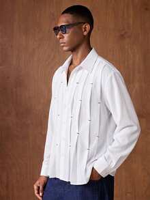 AKNOTIC Camisa de vestir de manga larga con un solo abotonado y pliegues para hombre, de estilo casual - Blanco - Ver 1