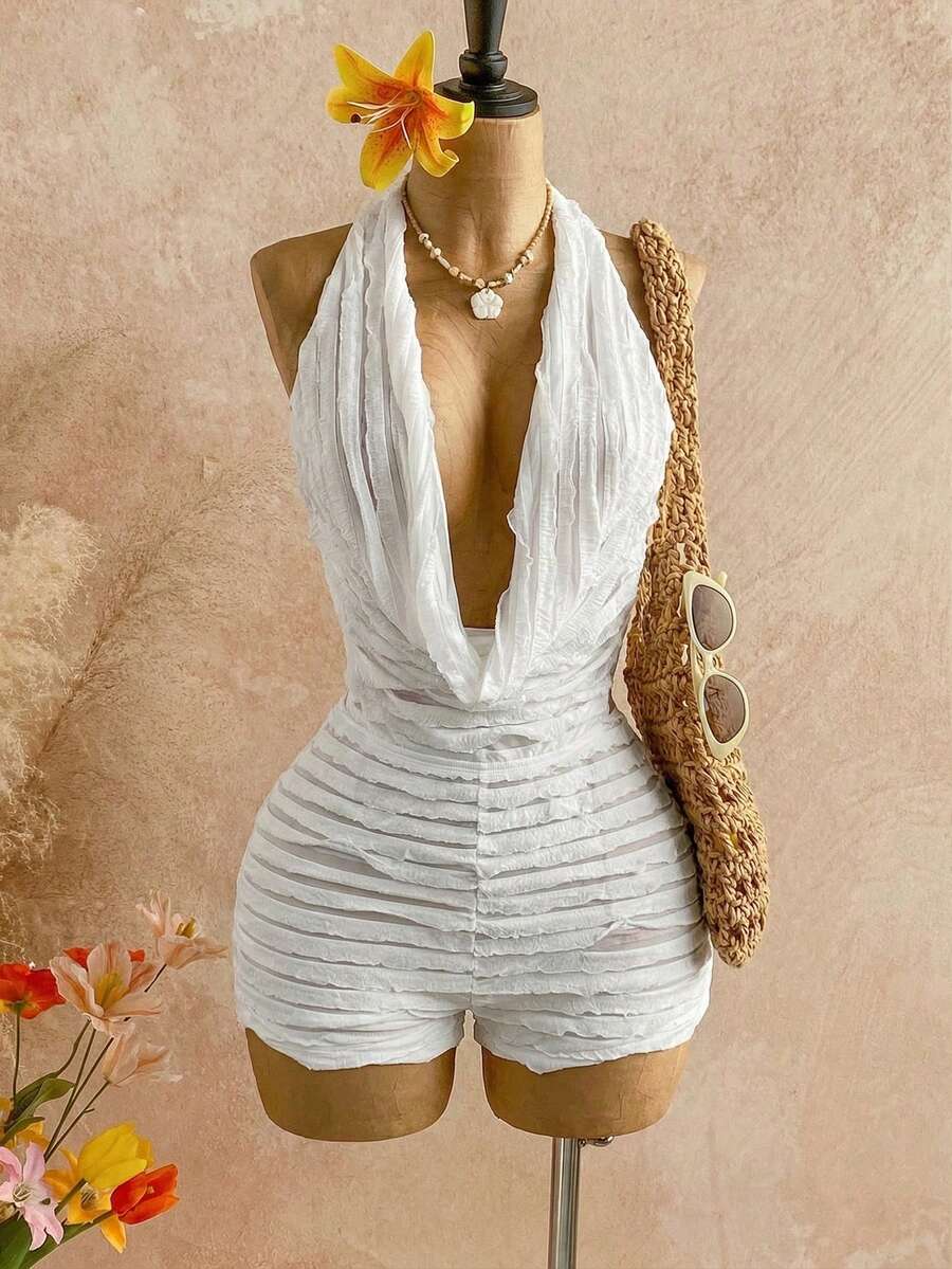 SHEIN BamGlam Bộ jumpsuit nữ mùa hè chất liệu vải xếp nếp, không tay, hở vai, ôm sát, cổ chữ V sâu, gợi cảm, tôn dáng và thời trang; thích hợp cho các bữa tiệc, hẹn hò, ngày Valentine, lễ hội, lễ Phục sinh, các dịp lễ phương Tây, du thuyền, kỳ nghỉ, bãi biển, lễ hội âm nhạc và các kỳ nghỉ theo phong cách Bohemian. - trắng - Xem 1
