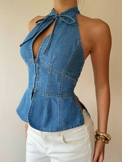 Siren Gaze 2026 Summer New Arrive, Women's Stand Collar Sleeveless And Backless Knot Collar Denim Camisole For Summer Vacation, Summer Tops, Summer Outfits, Casual Tops, Women's Blouse, Tighten The Waist Top, Elegant Style. Casual, Fashion, Comfortable Cotton Denim, Bow-Adorned Neckline, Suitable For Party, Daily Commute, Wedding Attire, Office Attire, Work, Travel, Night Outing, Brunch, Club, Casual-A
