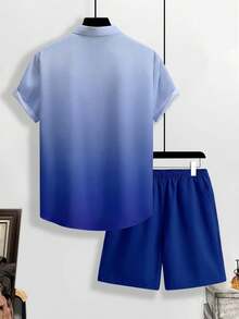 Genlund Bộ đồ nam mùa hè đi biển, in chữ nhiệt đới ombre, tay ngắn và quần short có dây rút. - Nhiều màu - Xem 3