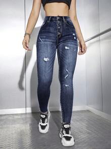 SHEIN PETITE Jeans pitillo de mujer con bolsillos y efecto desgastado, de moda para uso diario - Azul - Ver 4