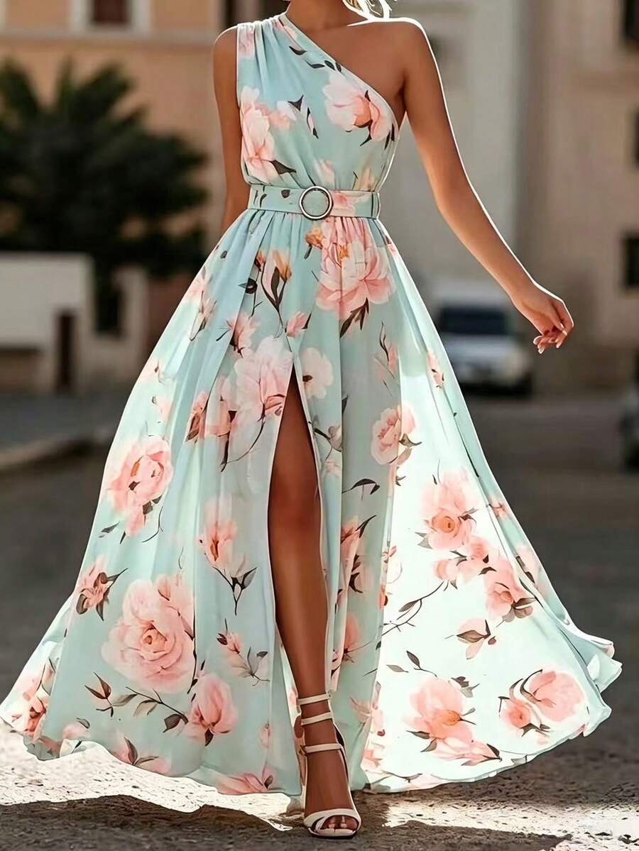 SHEIN Raffinéa 女士无袖褶皱腰带印花开衩长连衣裙，适合海滩度假、派对、城市漫步、烛光晚餐或户外约会，优雅百搭，显瘦休闲时尚通勤连衣裙 - 彩色 - 查看 1