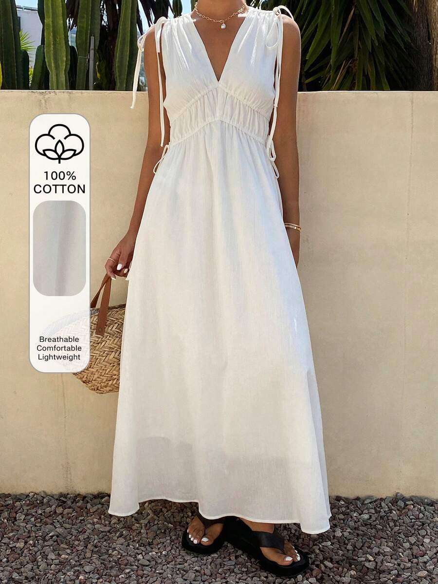 Livesso 优雅白色V领系腰棉质中长连衣裙，适合夏季度假和派对穿着 - Pearl White - 查看 1