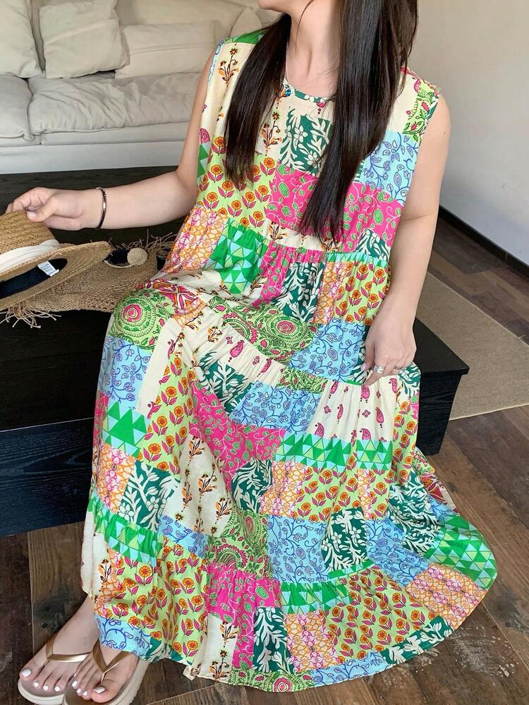 Dazy Plus Sleeveless Floral Patchwork Loose Vacation Style Casual Dress For Girls, Plus Size, Spring/Summer