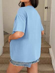 SHEIN Áo bầu tay ngắn cổ tròn in chữ, kiểu dáng thường ngày, có chức năng cho con bú. - Màu xanh nhạt - Xem 7