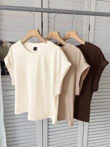 SHEIN LUNE 3件套女士休闲纯色基础款短袖T恤可爱上衣基础款上衣外出机场女装街头风外出上衣夏季女装3件套女士露脐上衣女士T恤女士外出上衣女士节日上衣奶油黄外出上衣女士纯色上衣纯色上衣休闲 - 卡其色 - 查看 3