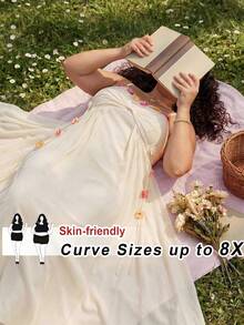 SHEIN CURVE+ Elegante vestito da damigella d'onore con decorazioni floreali 3D per donne formose, adatto per matrimoni, anniversari, feste e appuntamenti, abito sexy da invitata al matrimonio - Albicocca - Visualizzare 2