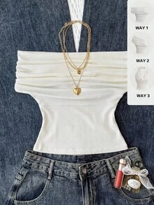 SHEIN 少女无袖上衣和吊带衫，休闲纯色修身款，夏季百搭，高领露肩设计，优雅大方，适合节日、乡村、海滩度假、下午茶等各种场合，风格端庄，可作舞蹈服或可爱上衣穿着。 - 白色 - 查看 3