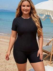 Swim SPRTY Plus Size Women Solid Color Raglan Sleeve Shorts Casual Tankini Set For Beach Vacation - Black - View 5