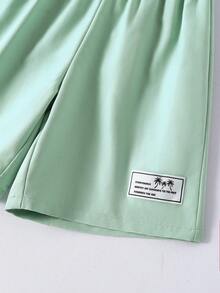 SHEIN Vacaura 2件套：男童条纹圆领短袖T恤和休闲工装短裤 - 綠色 - 查看 4