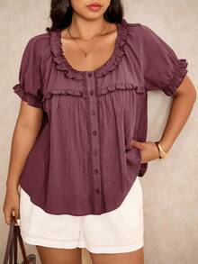 Elaquor Plus Size Casual Solid Color Short Sleeve Shirt, Summer - Red Violet - View 7