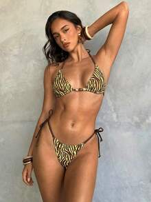Aloruh 女款斑馬紋掛脖比基尼兩件式泳衣，海灘度假陽光夏季泳裝套裝，灰色豹紋熱帶風情海灘度假穿搭，優雅女款海灘泳衣套裝，2件式比基尼泳裝套裝 - 黃色 - 查看 4