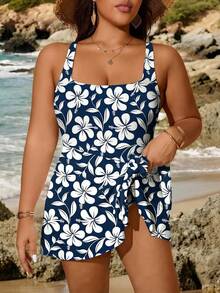 SHEIN Swim Lushore 2026新款连体泳衣 | 方领宽肩带凸显肩颈线条 | 蓝色底白色花卉印花，清新又显瘦 | 裙摆式下摆巧妙遮掩臀部和大腿 | 侧边蝴蝶结+开衩设计拉长腿部线条 | 适合沙滩/泳池/水疗中心穿着 - 藍白色 - 查看 5