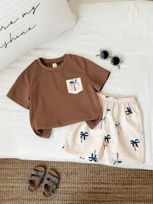 2件套儿童男童夏季休闲度假椰树印花T恤短裤套装，度假装 - 彩色 - 查看 3