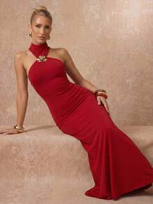 Lumalex 女士优雅露背吊带连衣裙，夏季 - 紅色 - 查看 4