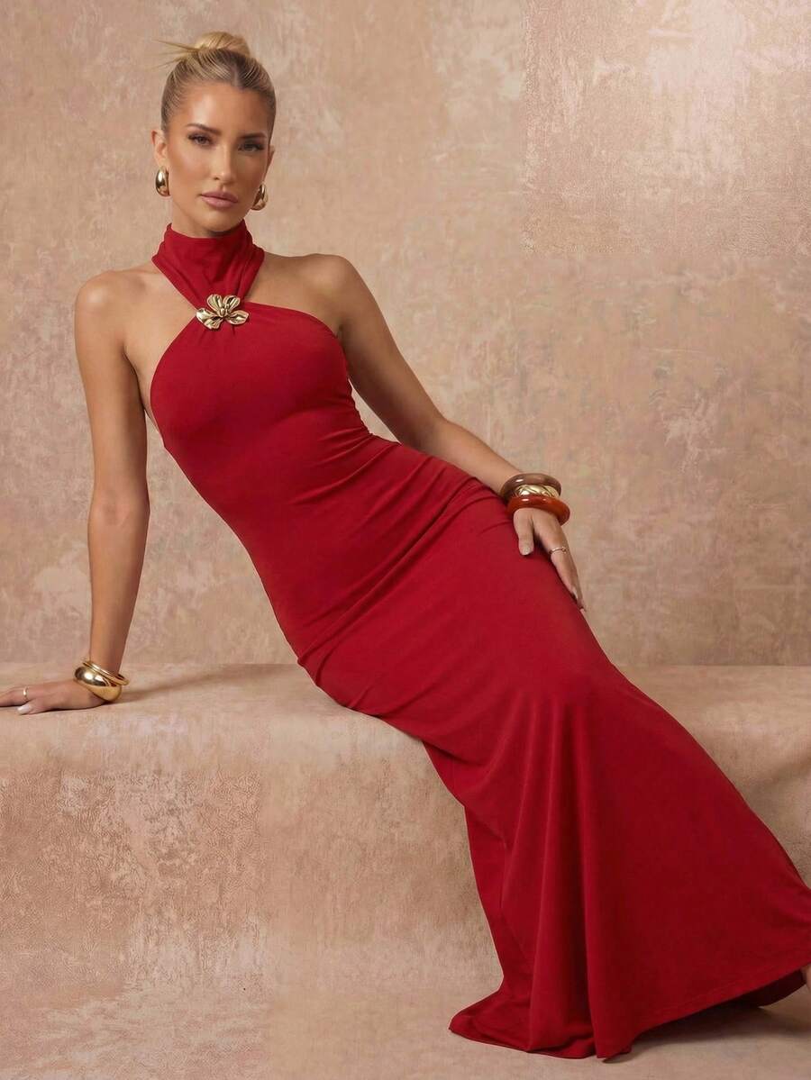 Lumalex Đầm hở lưng cổ yếm thanh lịch dành cho nữ, thích hợp cho mùa hè. - Đỏ - Xem 1