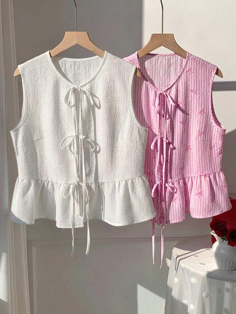 Comfortcana Bộ đồ nữ 2 mảnh mới năm 2026, áo nữ mùa hè đi nghỉ mát, áo nữ mùa xuân cho ngày Valentine, thích hợp cho kỳ nghỉ, thường ngày, phong cách Y2K, mùa hè, mùa xuân, ngày Valentine, lễ hội, bãi biển, tiệc sinh nhật, đám cưới, áo không tay màu trắng, áo không tay màu hồng, áo buộc dây phía trước, áo viền bèo nhún, áo kiểu nữ tính. - Nhiều màu - Xem 6