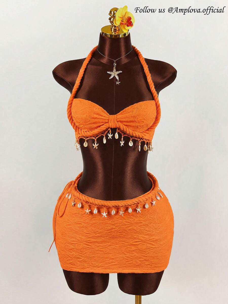 Amplova Rope, Starfish & Shell Pendant Decor Crop Top & Mini Skirt 2 Pieces Set,Vacation Outfits Women - Orange - View 1