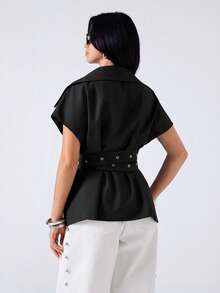 LYSMO 2026 New Minimalist Spring/Summer Women's Black Lapel Waist Hollow Button Design Casual Blazer - Black - View 2