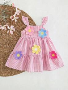 SHEIN Baby Girl Summer Casual Striped Dress With 3D Floral Decor - Pink - View 10