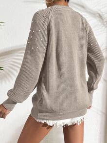 EURMUSE Jersey con cuenta de perla de manga raglán - Caqui - Ver 2
