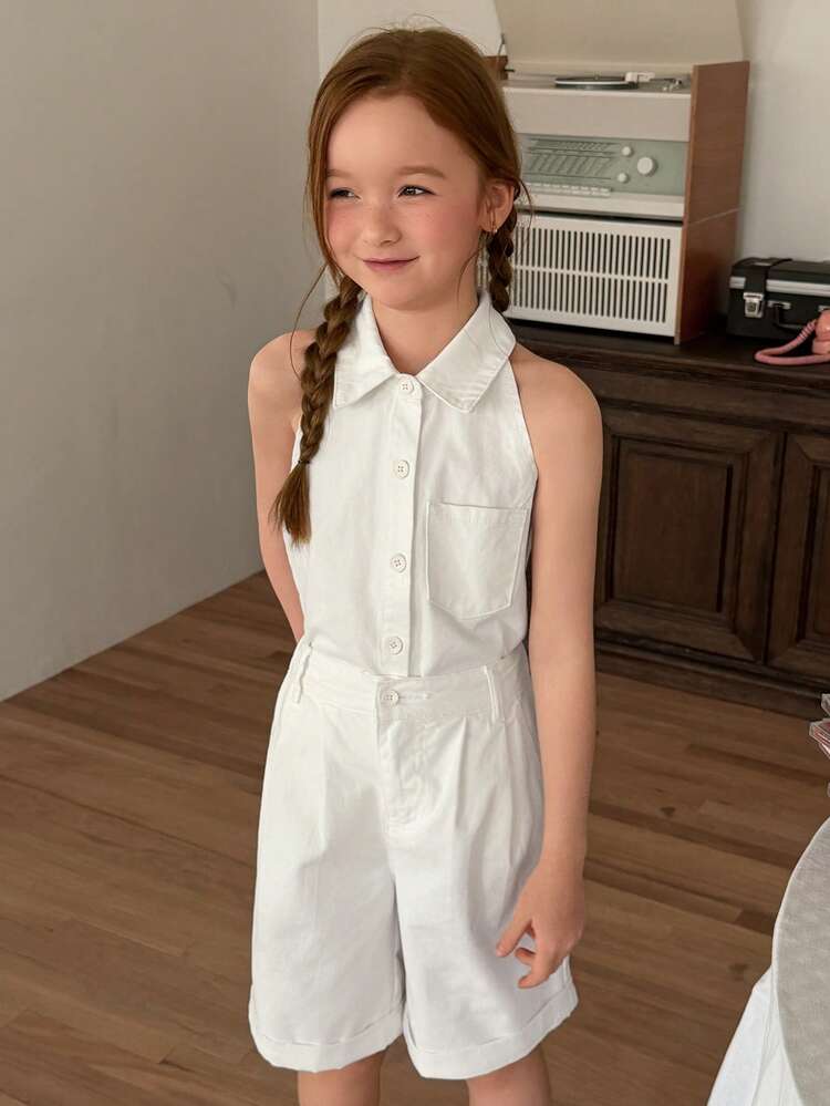 Tween Girl Single-Breasted Vest And Shorts Casual Denim Set
