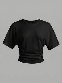 SHEIN Teen Girl/Teen Girls' Ribbed Crew Neck Short Sleeve Cropped Casual T-Shirt - Black - View 2