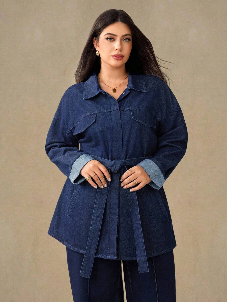 Selenza 大码女式纯色水洗牛仔外套，秋冬款 - 深色水洗藍 - 查看 1