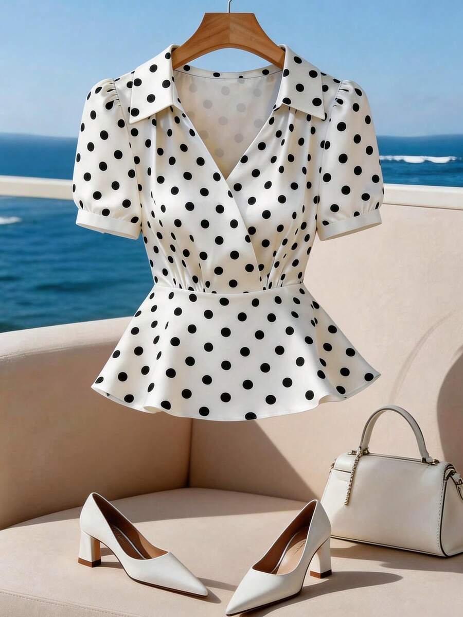 Franclia 2026 Nueva camisa de satén blanco con lunares de manga corta para verano, top corto con diseño único y elegante de cuello en V - Blanco - Ver 1