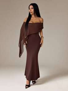 SHEIN PETITE Đầm suông màu nâu trơn thanh lịch, trễ vai, dáng ôm, thích hợp cho tiệc sinh nhật, tiệc chiêu đãi, các sự kiện tụ họp, mặc nhiều lớp vào mùa thu/đông, Halloween, Giáng sinh, đầm sang trọng. - màu nâu - Xem 4