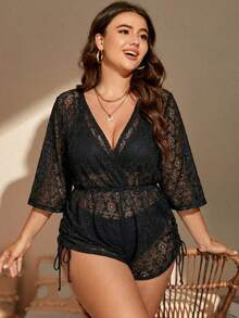 SHEIN Swim 大码女式V领裹身连体衣 - 黑色 - 查看 1