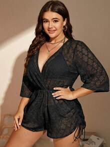 SHEIN Swim 大码女式V领裹身连体衣 - 黑色 - 查看 3