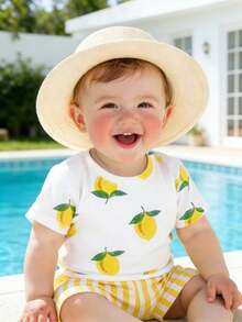SHEIN Playful Pals Bộ 2 món đồ cho bé trai, thoải mái, dễ thương, in hình chanh, tay ngắn và quần short kẻ sọc, áo cho bé trai, bộ đồ bé trai, quần áo trẻ em, xuân hè, đa năng mùa hè, thích hợp cho chụp ảnh, mặc hàng ngày, đi chơi, nghỉ lễ, làm quà tặng. - Màu be - Xem 7